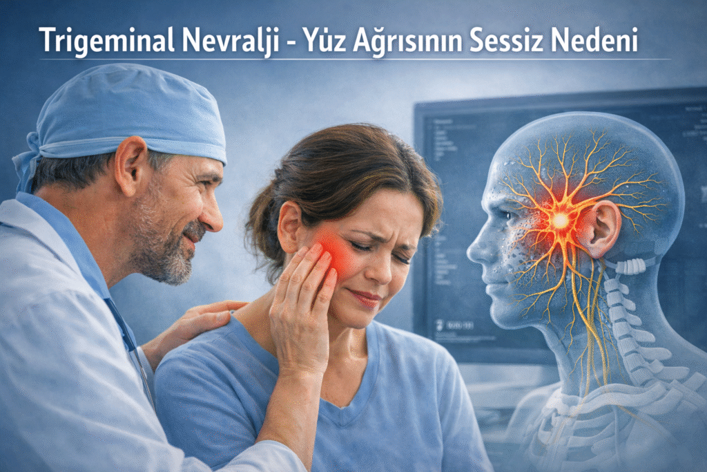 rigeminal nevralji nedeniyle yüzünde ağrı yaşayan hastayı değerlendiren doktorun klinik sahnesi.