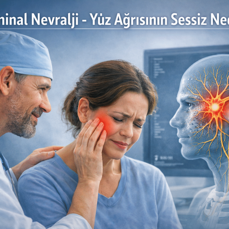 rigeminal nevralji nedeniyle yüzünde ağrı yaşayan hastayı değerlendiren doktorun klinik sahnesi.