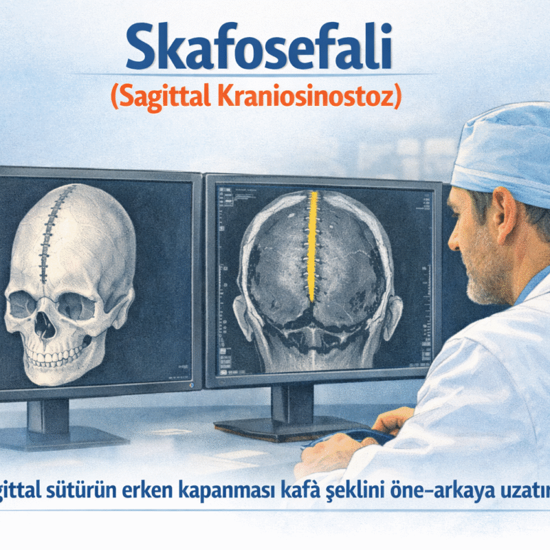 Bir doktorun monitörde skafosefalik tomografi görüntüsünü incelediği klinik sahne. Görüntüde sagittal sütürün erken kapanması vurgulanıyor.
