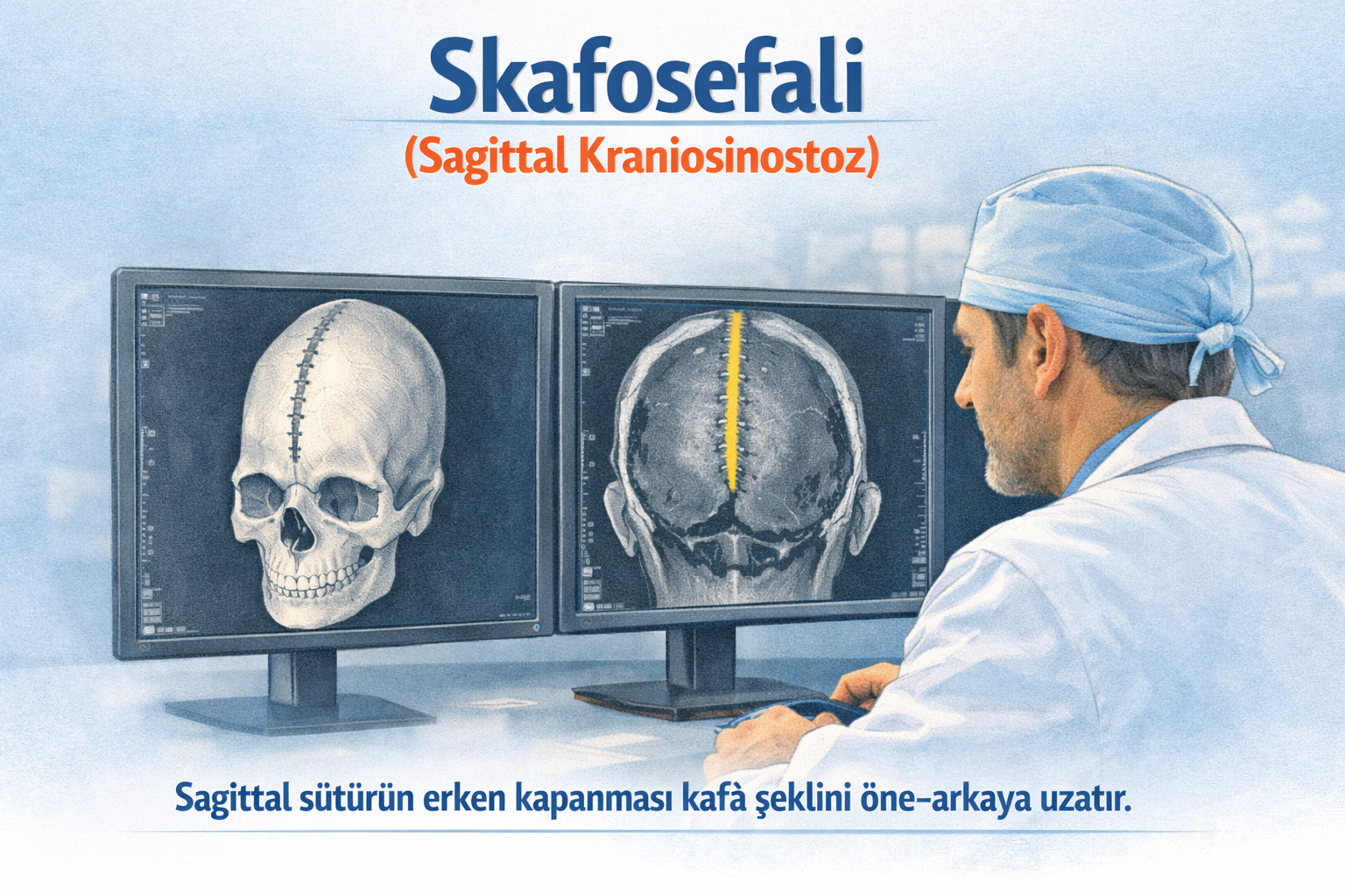 Bir doktorun monitörde skafosefalik tomografi görüntüsünü incelediği klinik sahne. Görüntüde sagittal sütürün erken kapanması vurgulanıyor.