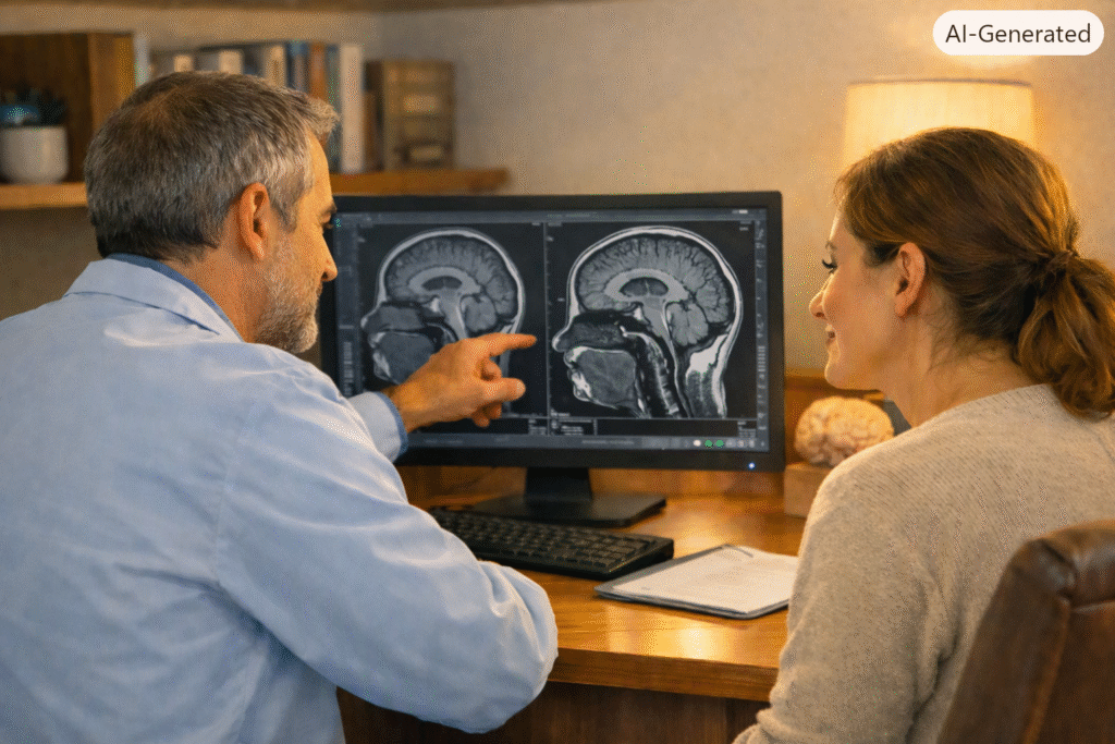 Beyin cerrahı hipofiz adenomu MRI görüntüsü incelerken — Dr. Mustafa Sakar