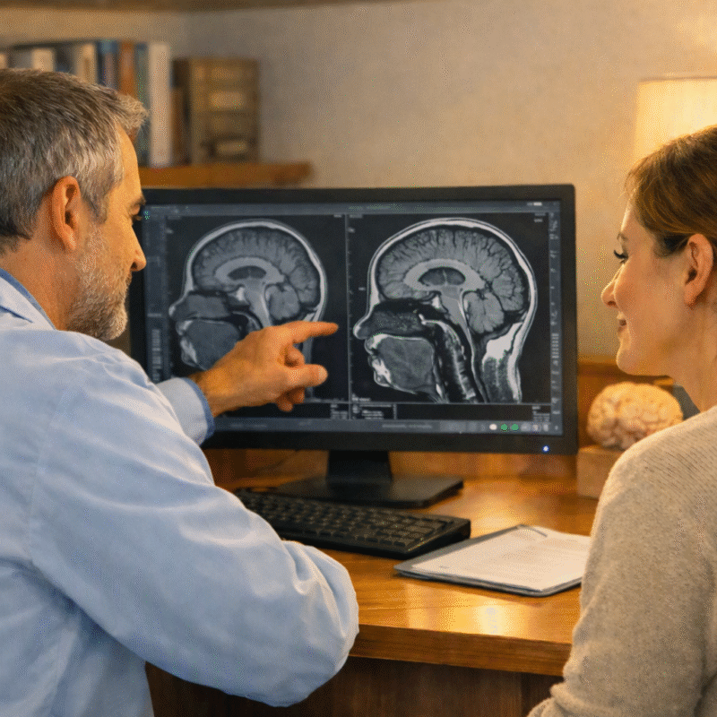 Beyin cerrahı hipofiz adenomu MRI görüntüsü incelerken — Dr. Mustafa Sakar