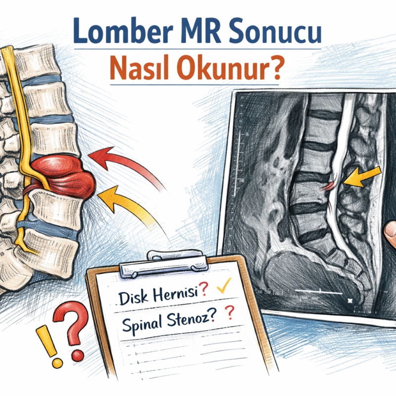 Lomber MR raporu okuma - bel omurgası ve disk hernisi, spinal stenoz gösteren illüstrasyon
