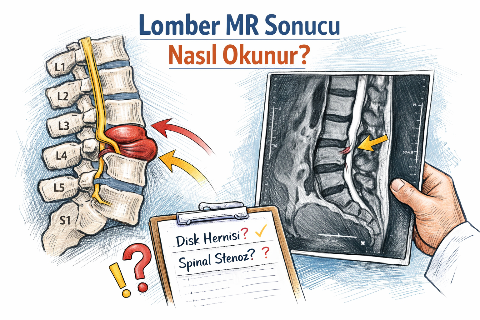 Lomber MR raporu okuma - bel omurgası ve disk hernisi, spinal stenoz gösteren illüstrasyon