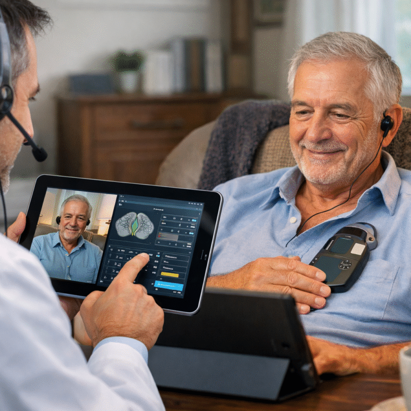 Doctor conducting a remote DBS programming session with a patient via tablet