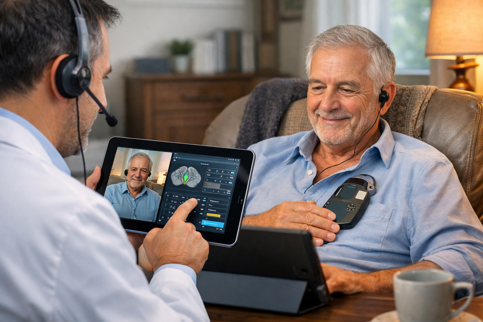 Doctor conducting a remote DBS programming session with a patient via tablet
