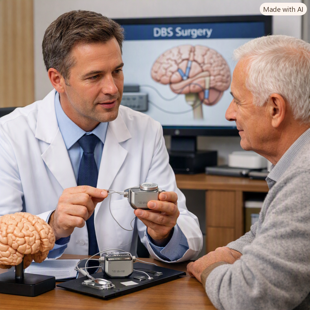 Neurosurgeon showing a deep brain stimulation (DBS) device to a patient during a consultation in Turkey